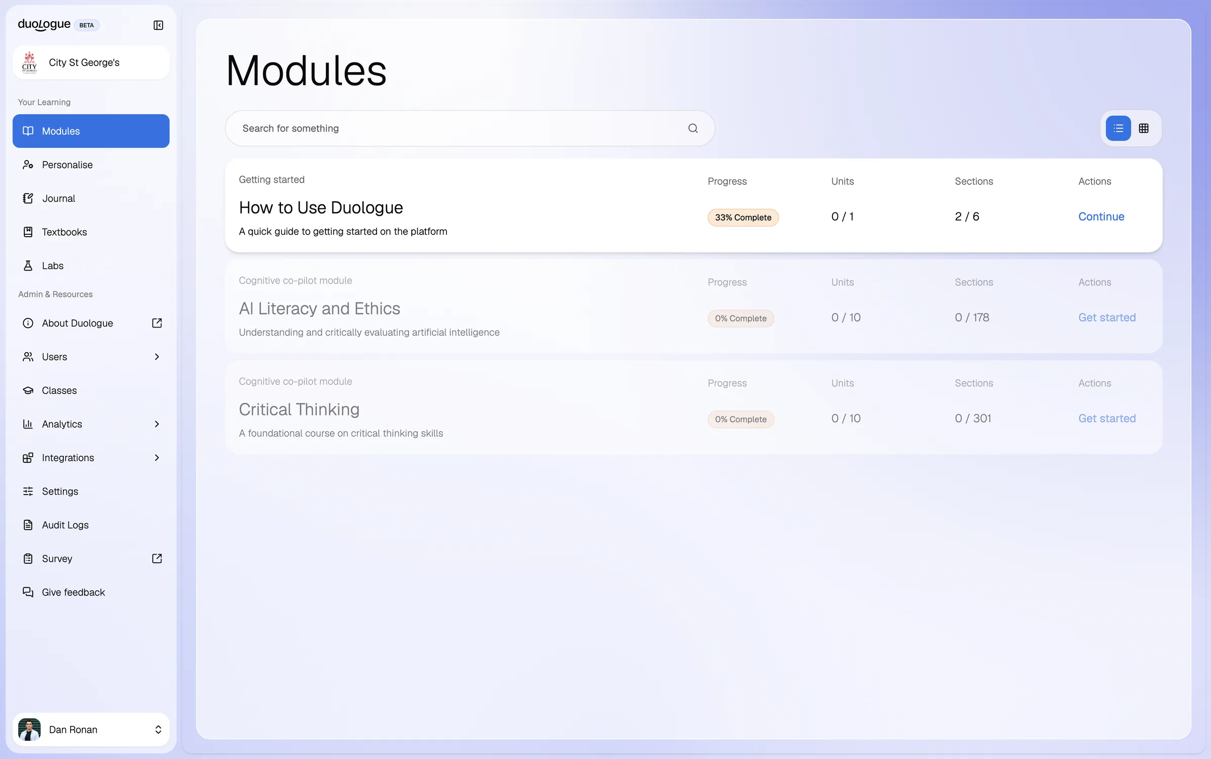 The Duologue modules page, listing a getting started guide and the AI Literacy and Ethics and Critical Thinking modules with progress for each.