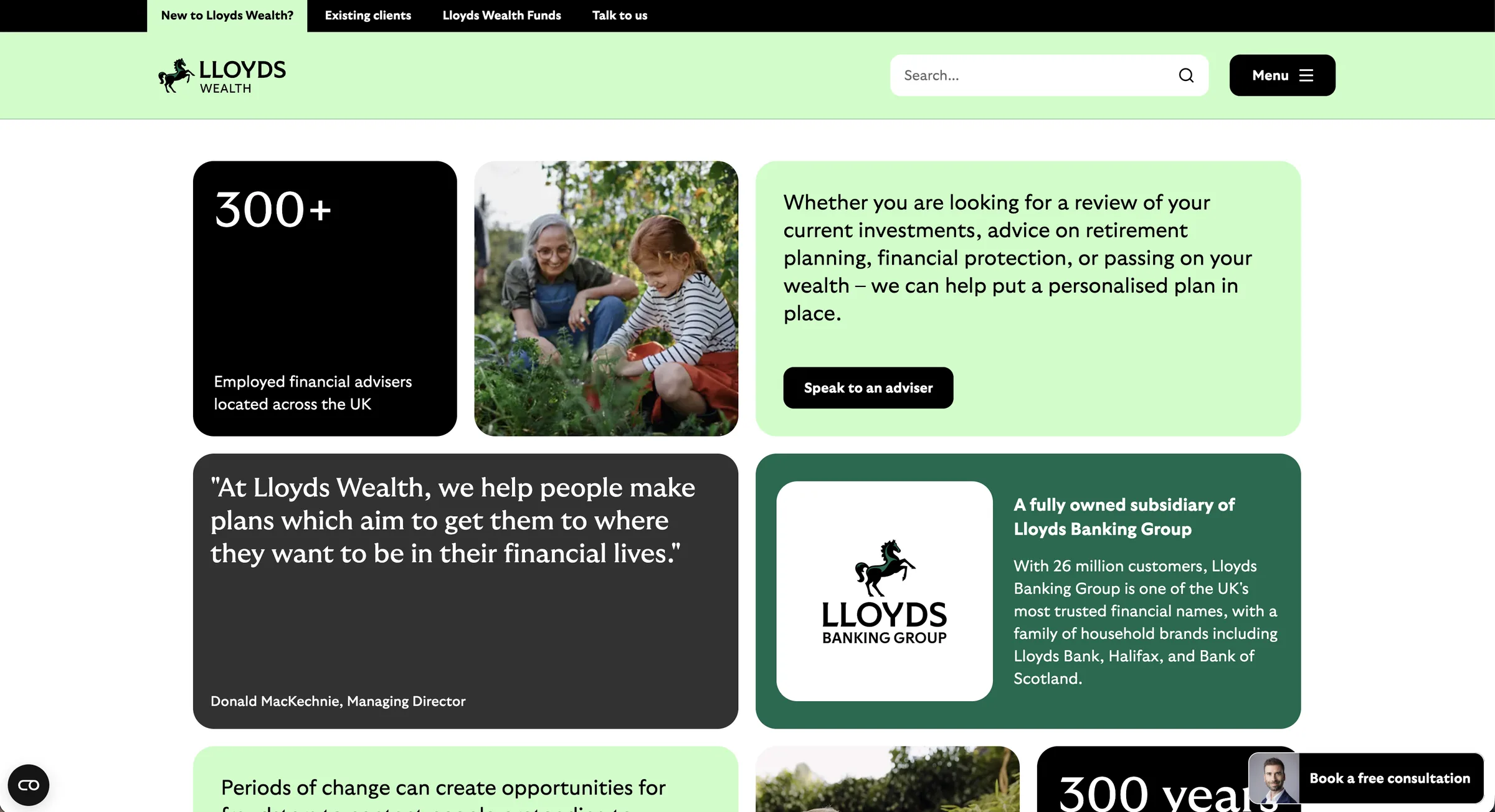 The Lloyds Wealth home page, with cards for its 300+ financial advisers across the UK, a quote from the managing director and its place in Lloyds Banking Group.
