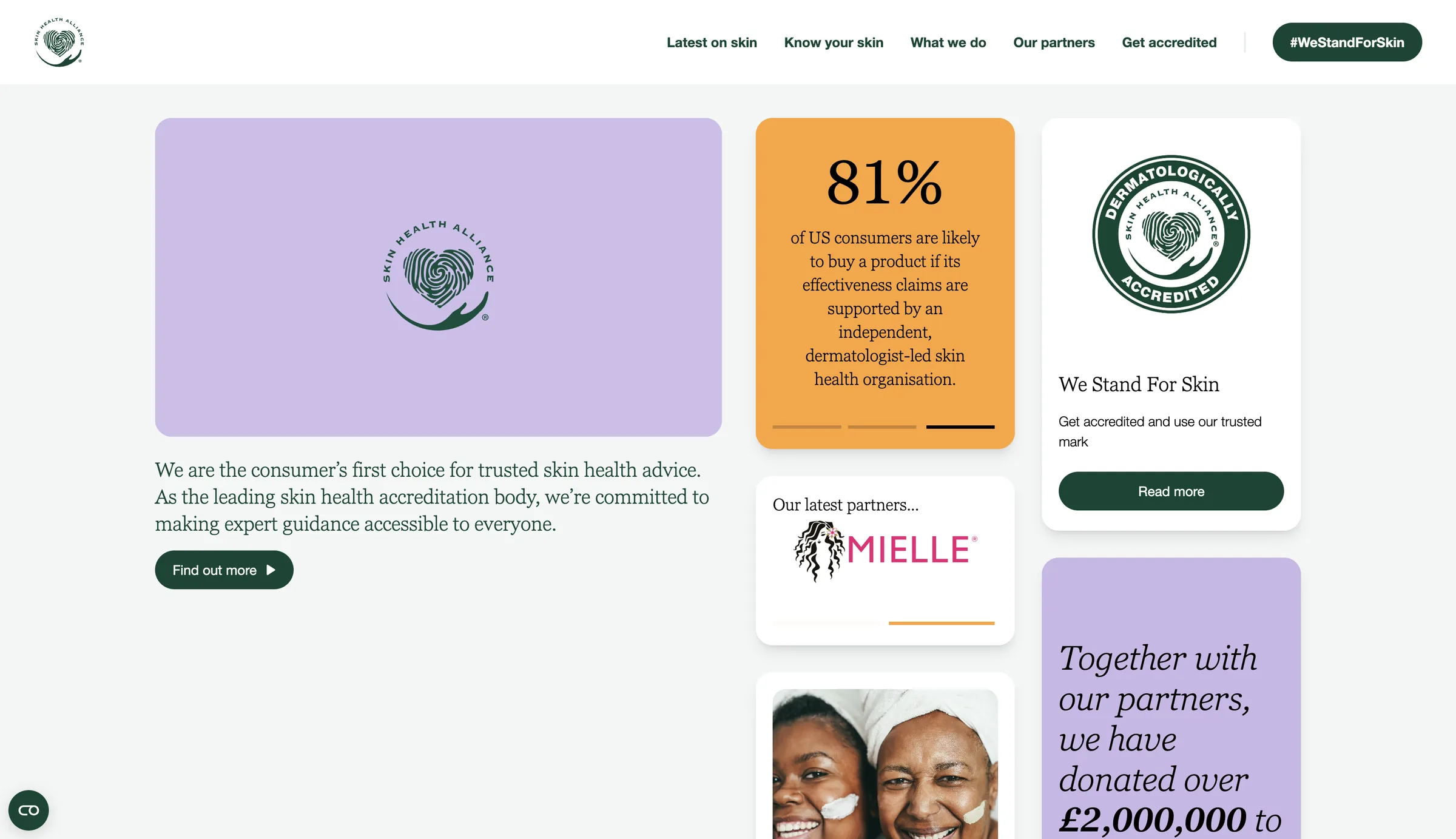 The Skin Health Alliance home page, with its logo hero, a consumer trust statistic, the accredited mark and its latest partners.