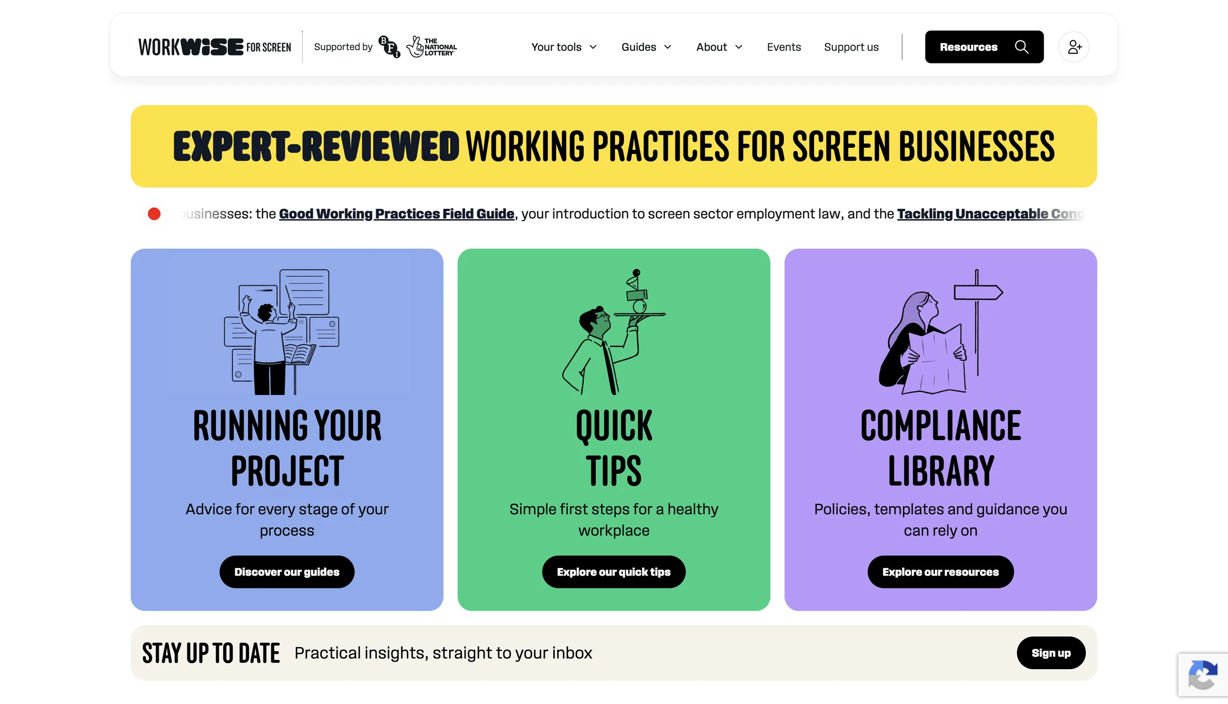 The Work Wise for Screen home page, with guides, quick tips and a compliance library for screen businesses.